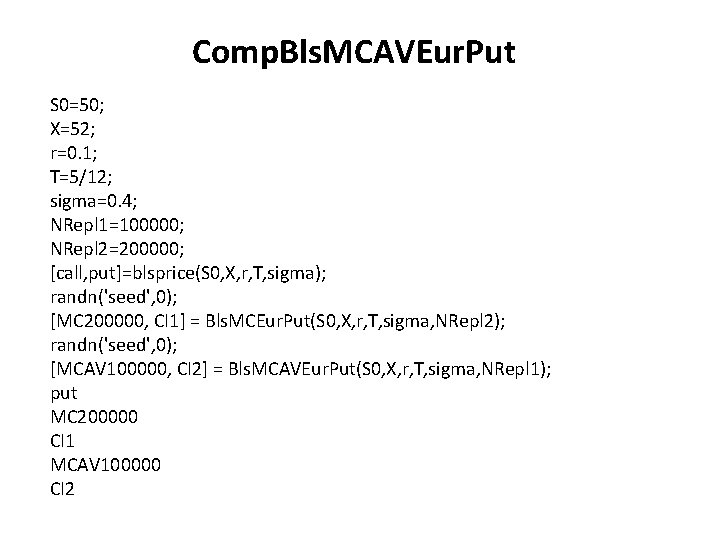 Comp. Bls. MCAVEur. Put S 0=50; X=52; r=0. 1; T=5/12; sigma=0. 4; NRepl 1=100000;