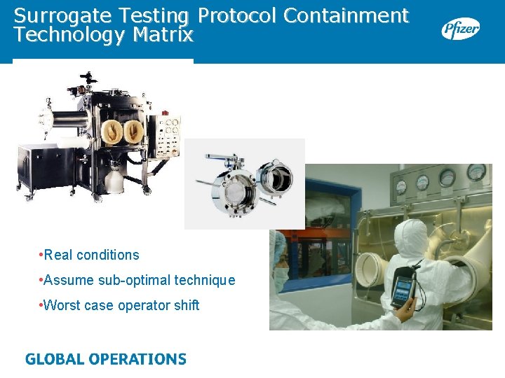 Surrogate Testing Protocol Containment Technology Matrix • Real conditions • Assume sub-optimal technique •