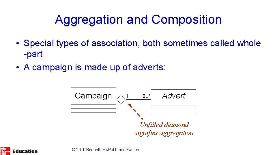 Aggregation and Composition • Special types of association, both sometimes called whole -part •