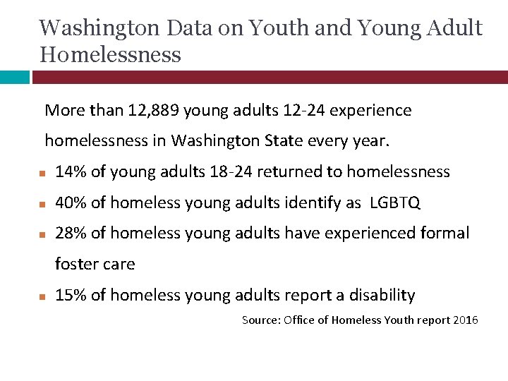 Washington Data on Youth and Young Adult Homelessness More than 12, 889 young adults