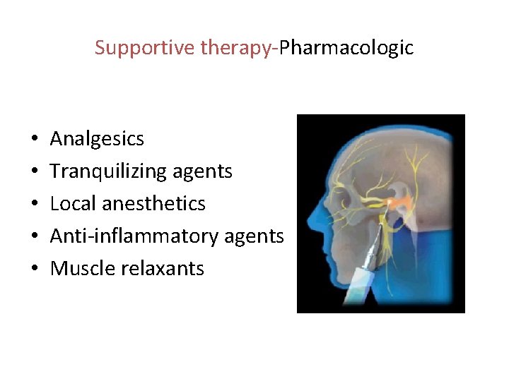 Supportive therapy-Pharmacologic • • • Analgesics Tranquilizing agents Local anesthetics Anti-inflammatory agents Muscle relaxants