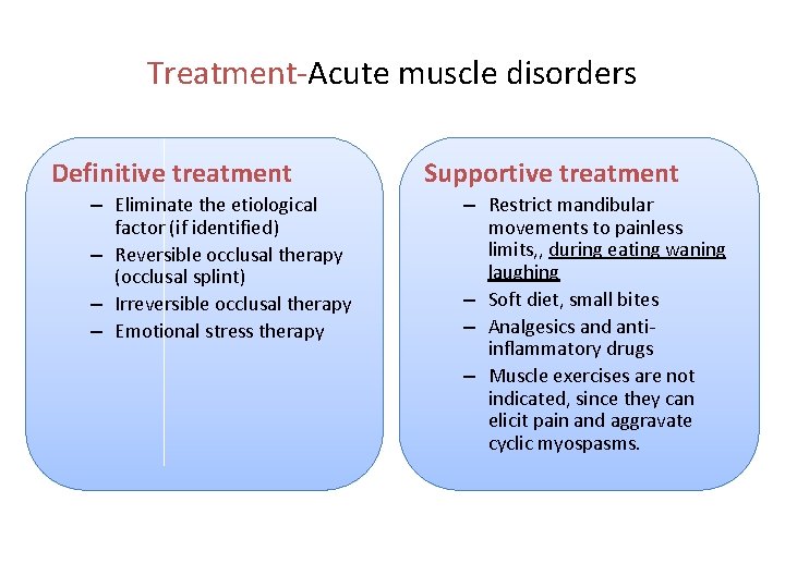 Treatment-Acute muscle disorders Definitive treatment – Eliminate the etiological factor (if identified) – Reversible