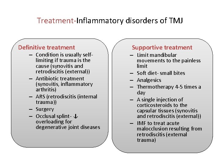 Treatment-Inflammatory disorders of TMJ Definitive treatment – Condition is usually selflimiting if trauma is