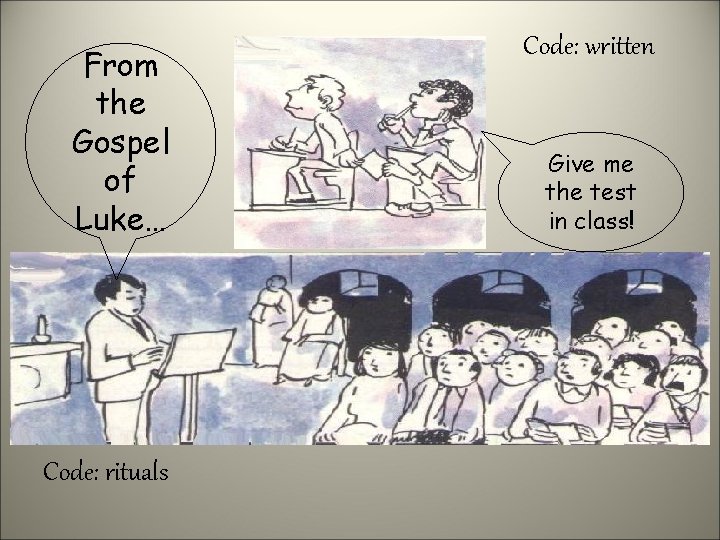 From the Gospel of Luke… Code: rituals Code: written Give me the test in