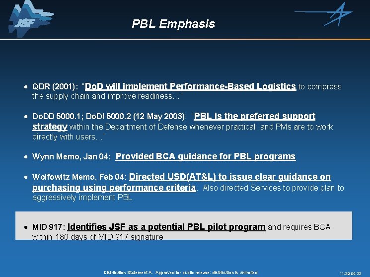 PBL Emphasis · QDR (2001): “Do. D will implement Performance-Based Logistics to compress the