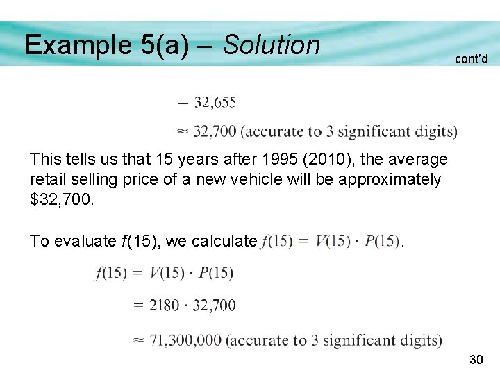 Example 5(a) – Solution cont’d This tells us that 15 years after 1995 (2010), Example 5(a) – Solution cont’d This tells us that 15 years after 1995 (2010),