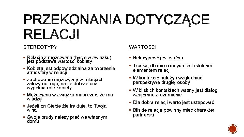 STEREOTYPY WARTOŚCI § Relacja z mężczyzną (bycie w związku) § Relacyjność jest ważna §