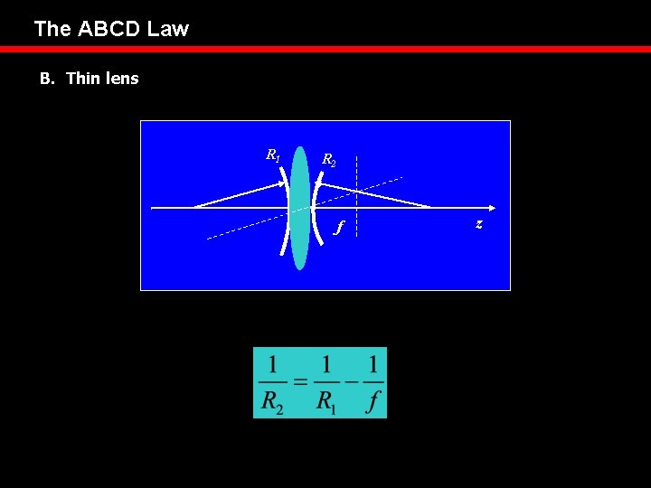 The ABCD Law B. Thin lens R 1 R 2 z 1 f z