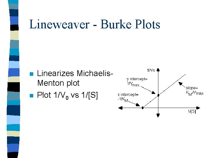 Lineweaver - Burke Plots n n Linearizes Michaelis. Menton plot Plot 1/V 0 vs