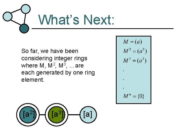 What’s Next: So far, we have been considering integer rings where M, M 2,