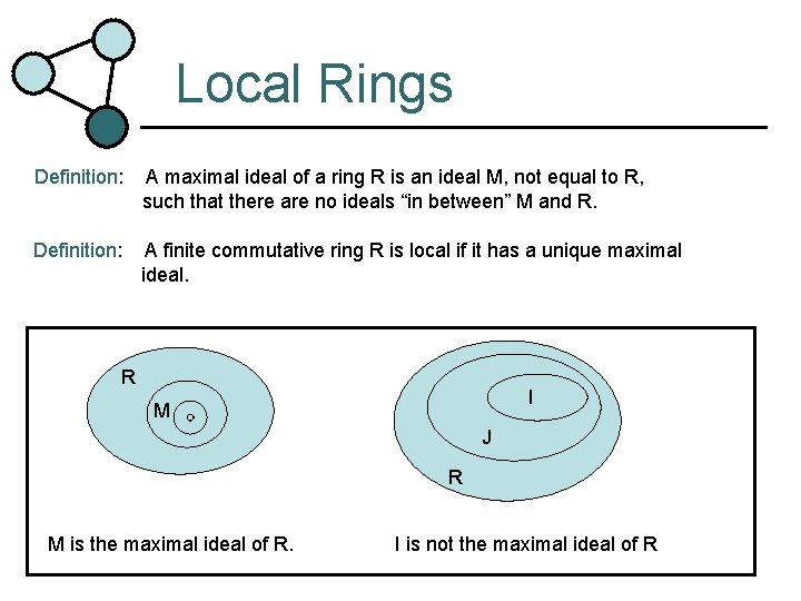 Local Rings Definition: A maximal ideal of a ring R is an ideal M,