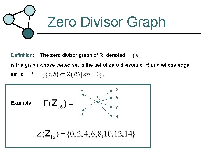 Zero Divisor Graph Definition: The zero divisor graph of R, denoted is the graph