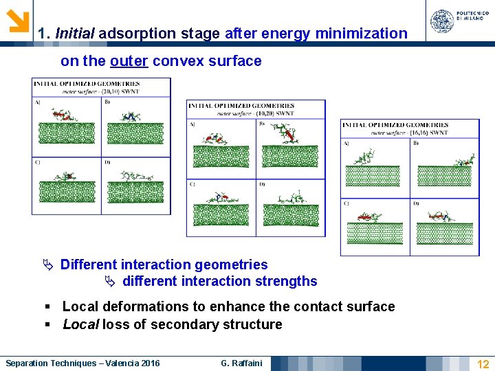 1. Initial adsorption stage after energy minimization on the outer convex surface Different interaction