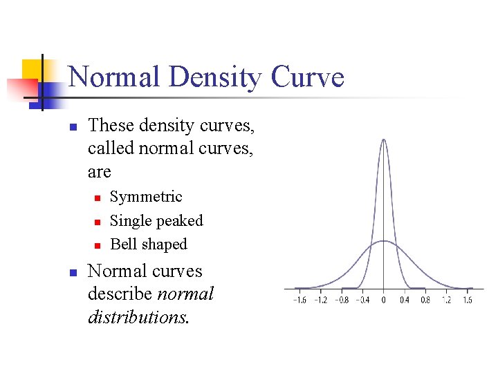 Normal Density Curve n These density curves, called normal curves, are n n Symmetric