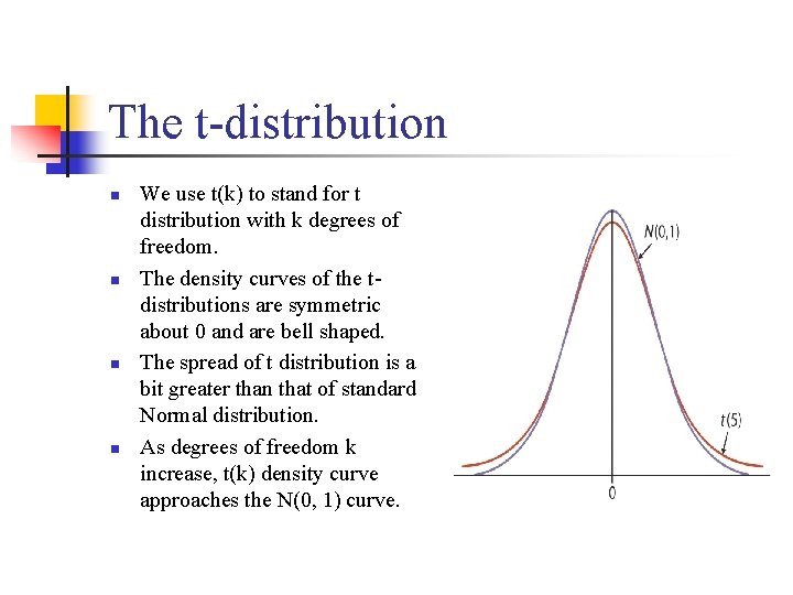 The t-distribution n n We use t(k) to stand for t distribution with k