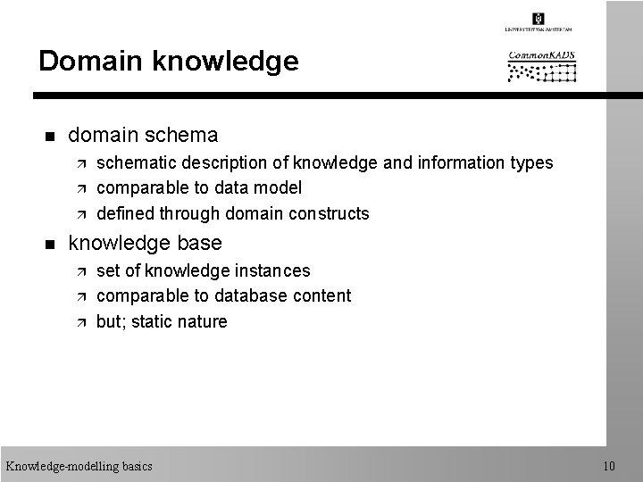 Domain knowledge n domain schema ä ä ä n schematic description of knowledge and