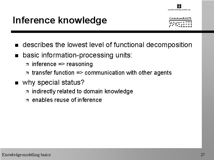 Inference knowledge n n describes the lowest level of functional decomposition basic information-processing units:
