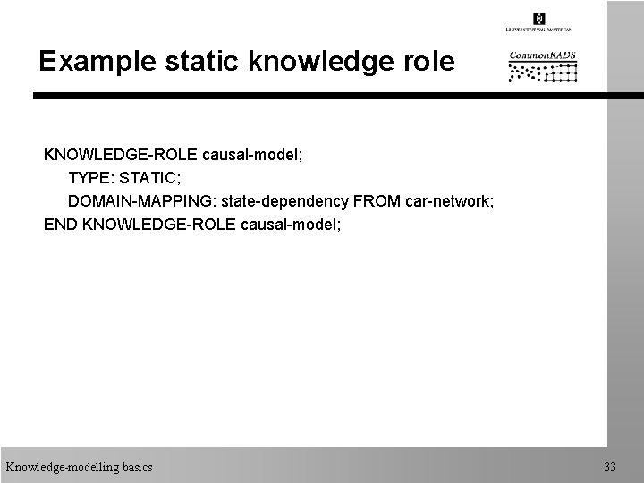Example static knowledge role KNOWLEDGE-ROLE causal-model; TYPE: STATIC; DOMAIN-MAPPING: state-dependency FROM car-network; END KNOWLEDGE-ROLE