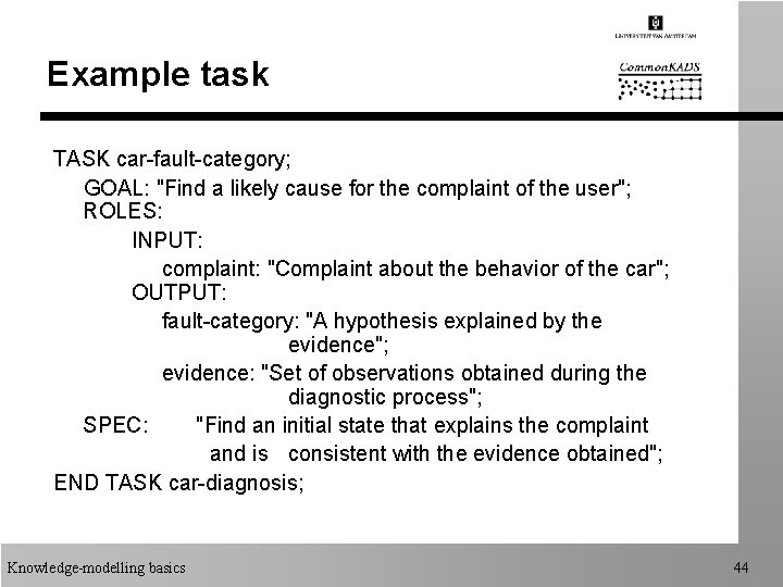 Example task TASK car-fault-category; GOAL: "Find a likely cause for the complaint of the