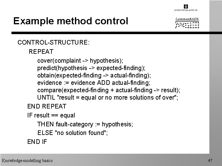 Example method control CONTROL-STRUCTURE: REPEAT cover(complaint -> hypothesis); predict(hypothesis -> expected-finding); obtain(expected-finding -> actual-finding);