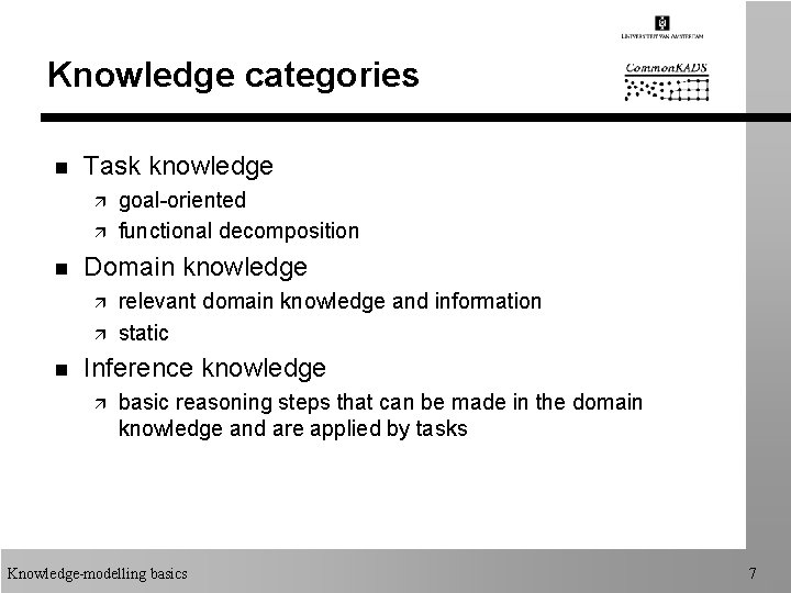 Knowledge categories n Task knowledge ä ä n Domain knowledge ä ä n goal-oriented