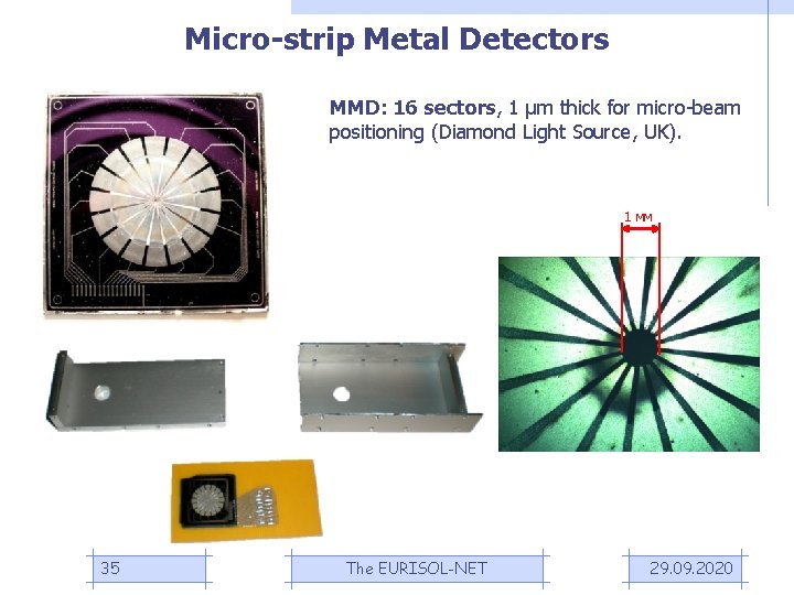 Micro-strip Metal Detectors MMD: 16 sectors, 1 μm thick for micro-beam positioning (Diamond Light