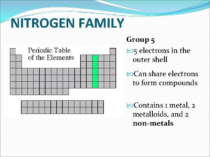 NITROGEN FAMILY Group 5 5 electrons in the outer shell Can share electrons to
