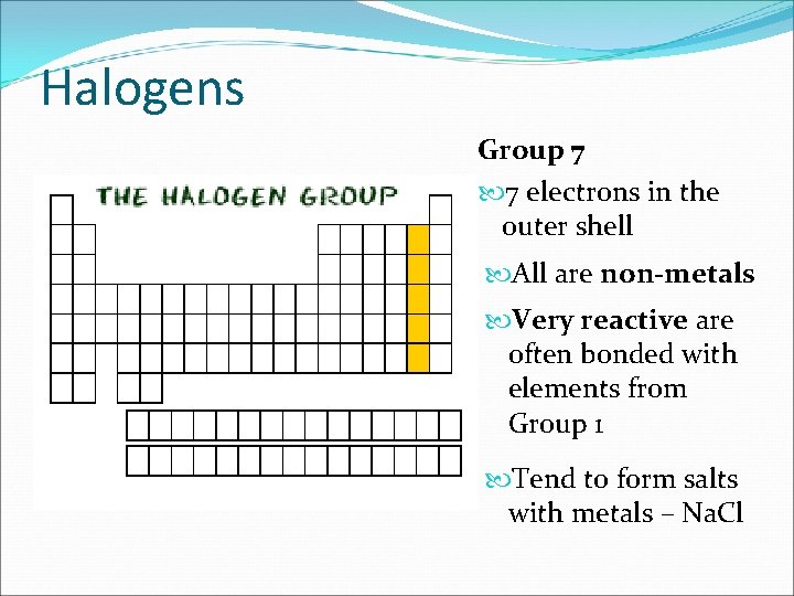 Halogens Group 7 7 electrons in the outer shell All are non-metals Very reactive