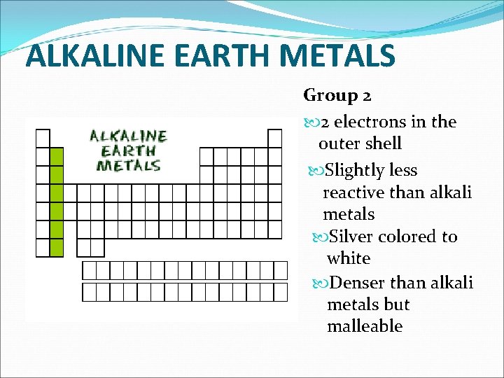 ALKALINE EARTH METALS Group 2 2 electrons in the outer shell Slightly less reactive