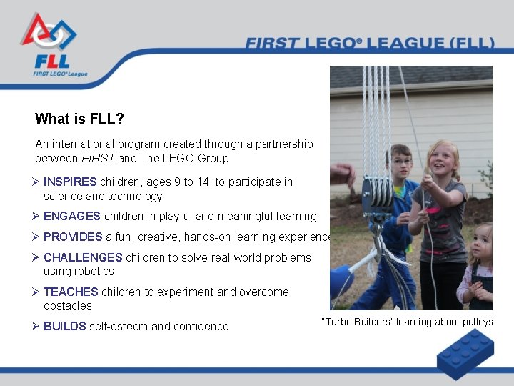 What is FLL? An international program created through a partnership between FIRST and The