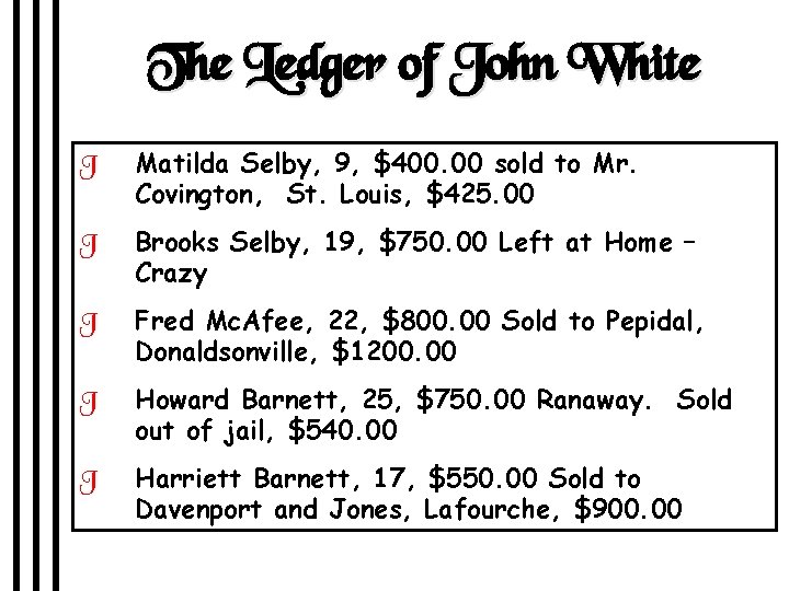 The Ledger of John White J Matilda Selby, 9, $400. 00 sold to Mr.