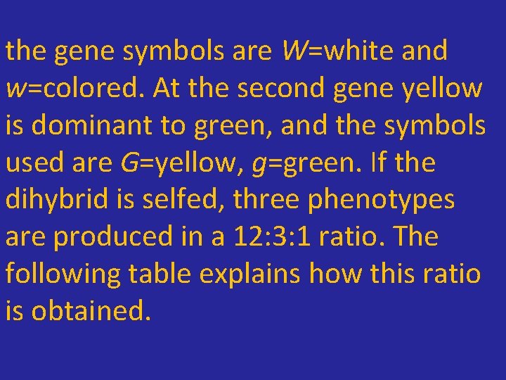 the gene symbols are W=white and w=colored. At the second gene yellow is dominant