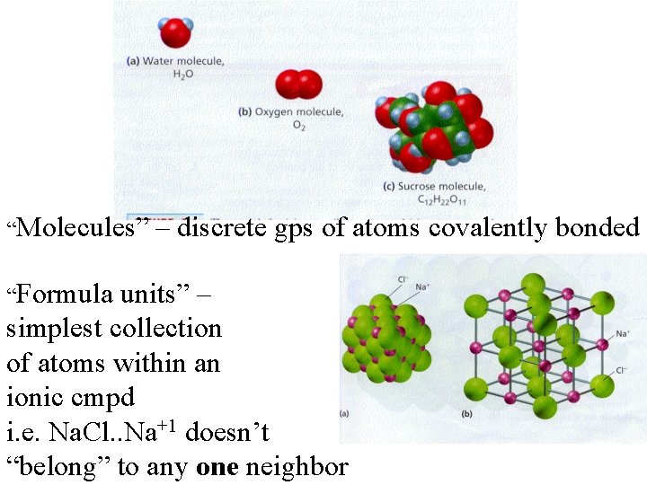 “Molecules” “Formula – discrete gps of atoms covalently bonded units” – simplest collection of