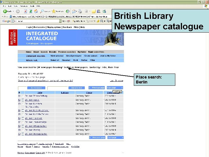British Library Newspaper catalogue Place search: Berlin 
