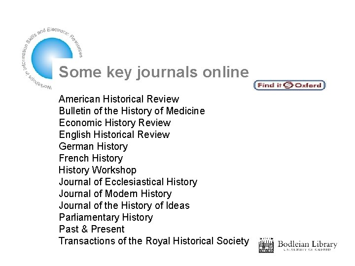 Some key journals online American Historical Review Bulletin of the History of Medicine Economic