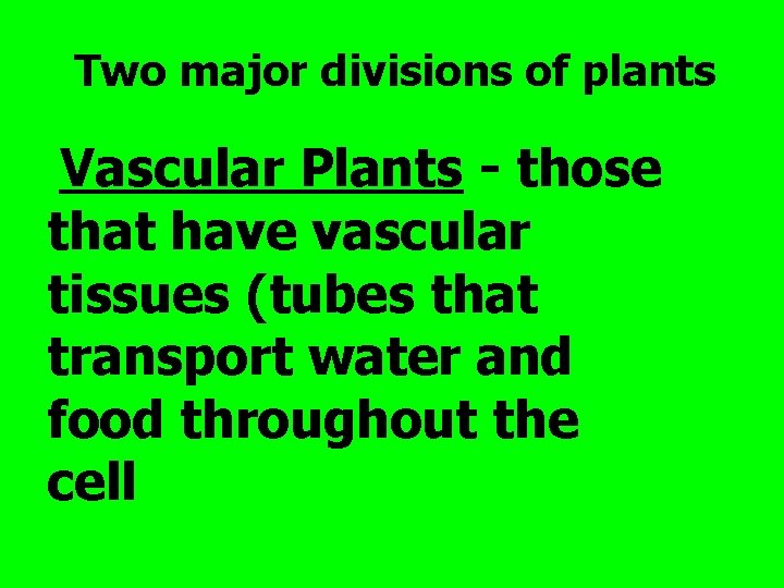 Two major divisions of plants Vascular Plants - those that have vascular tissues (tubes