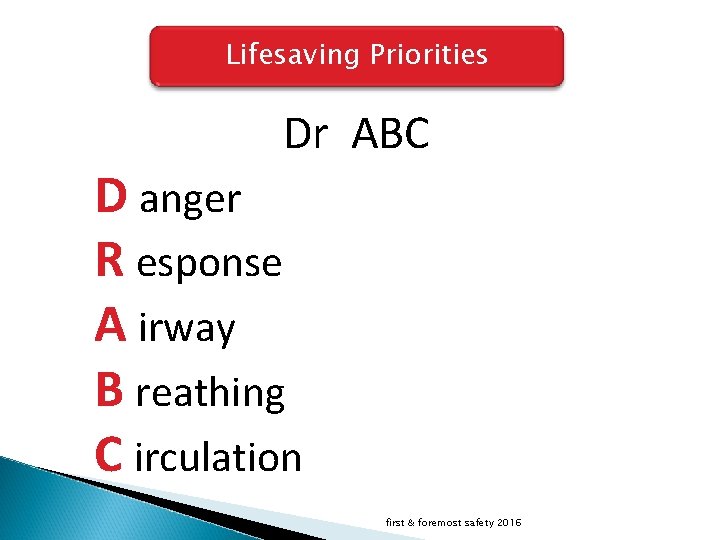 Lifesaving Priorities Dr ABC D anger R esponse A irway B reathing C irculation