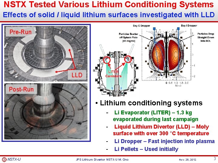 NSTX Tested Various Lithium Conditioning Systems Effects of solid / liquid lithium surfaces investigated