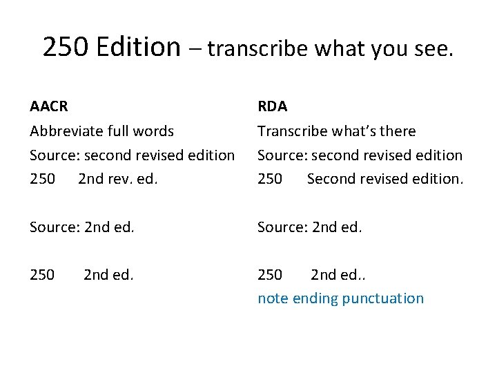 250 Edition – transcribe what you see. AACR RDA Abbreviate full words Source: second