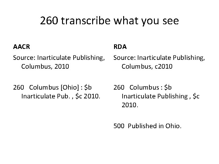 260 transcribe what you see AACR RDA Source: Inarticulate Publishing, Columbus, 2010 Source: Inarticulate