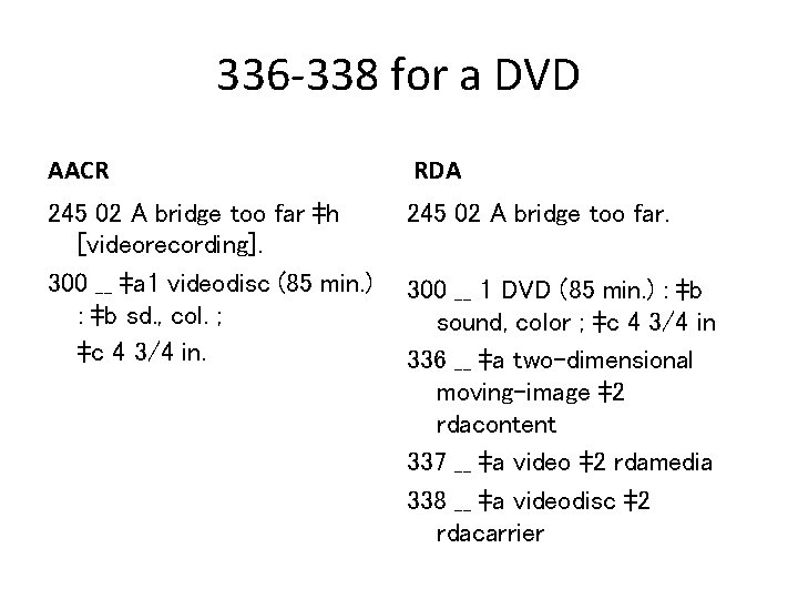 336 -338 for a DVD AACR RDA 245 02 A bridge too far ‡h