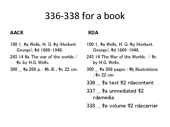 336 -338 for a book AACR RDA 100 1_ ‡a Wells, H. G. ‡q