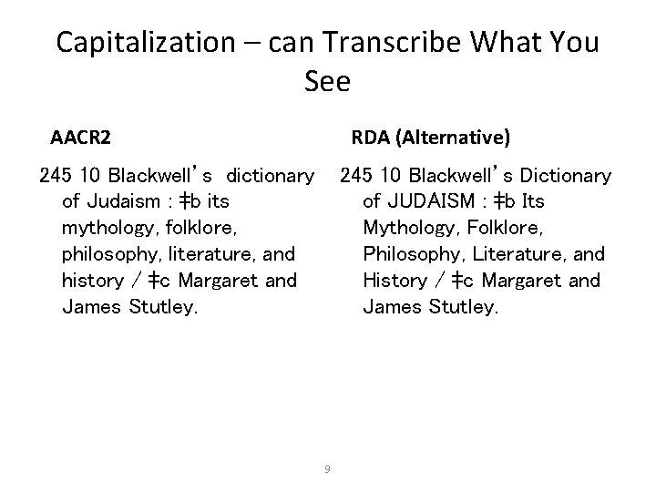 Capitalization – can Transcribe What You See AACR 2 RDA (Alternative) 245 10 Blackwell’s