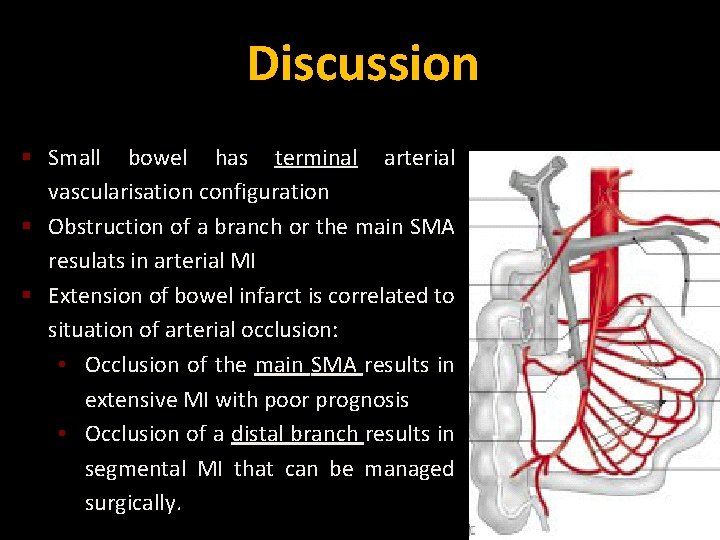 Discussion § Small bowel has terminal arterial vascularisation configuration § Obstruction of a branch