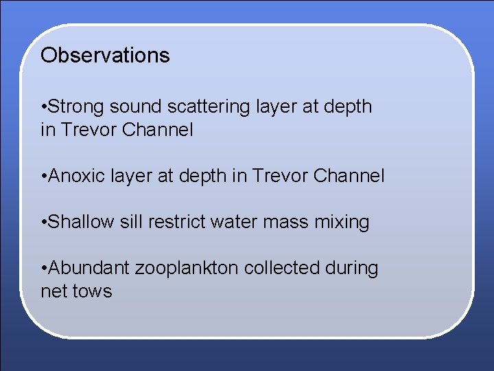 Observations • Strong sound scattering layer at depth in Trevor Channel • Anoxic layer