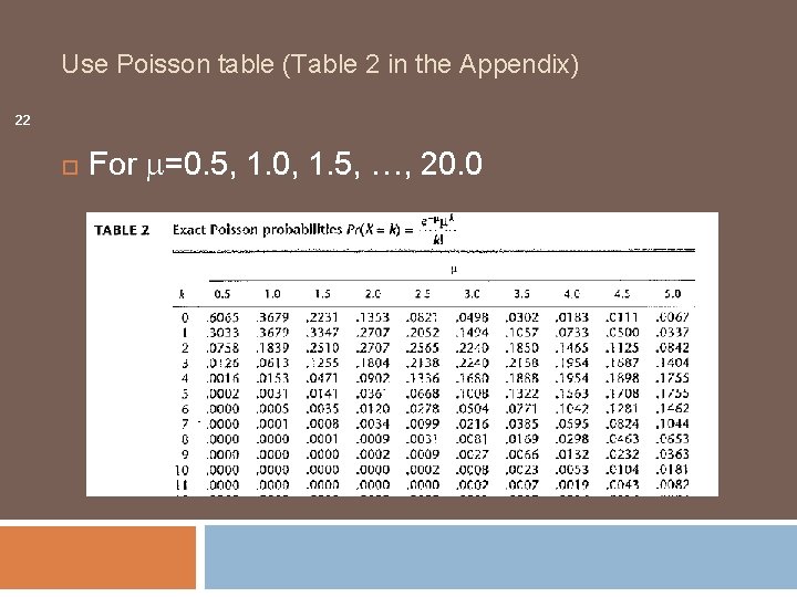 Use Poisson table (Table 2 in the Appendix) 22 For =0. 5, 1. 0,