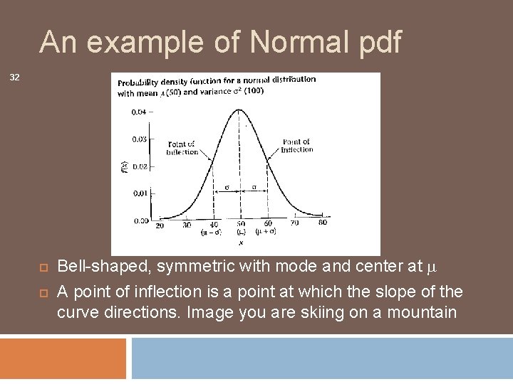 An example of Normal pdf 32 Bell-shaped, symmetric with mode and center at A