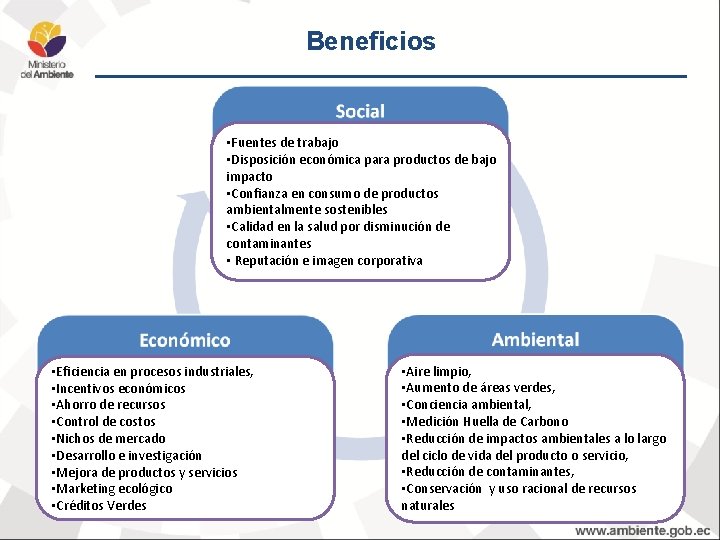 Beneficios • Fuentes de trabajo • Disposición económica para productos de bajo impacto •