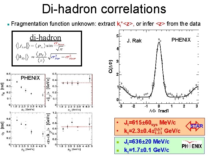 Di-hadron correlations n Fragmentation function unknown: extract kt*<z>, or infer <z> from the data