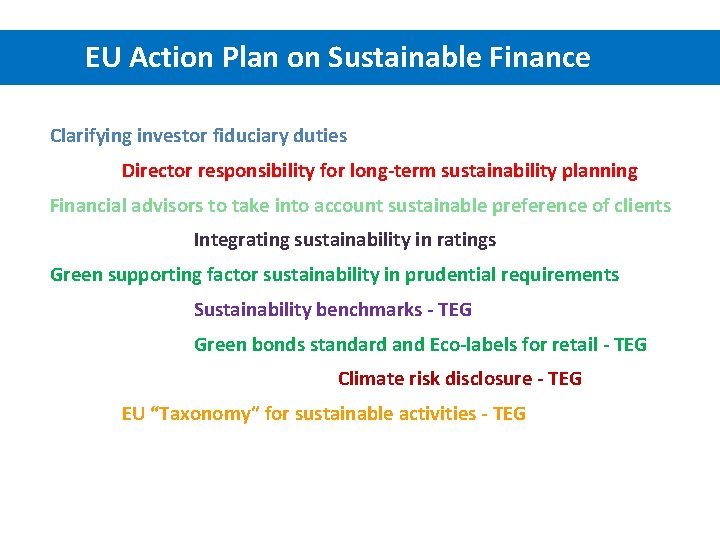  EU Action Plan on Sustainable Finance Clarifying investor fiduciary duties Director responsibility for